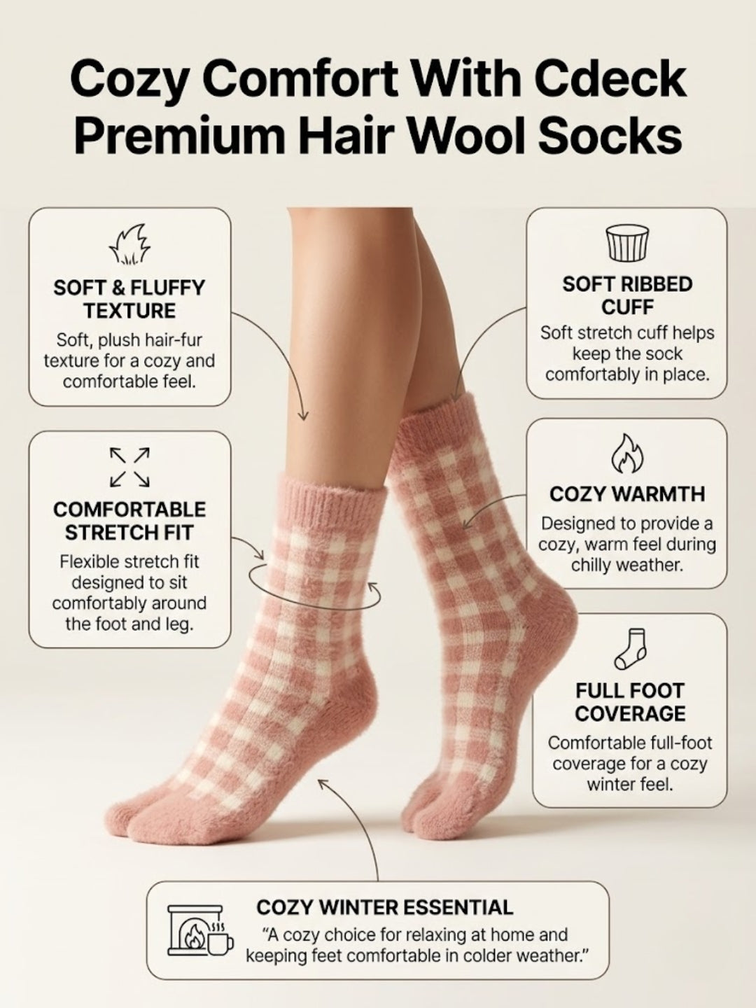 Cdeck Women’s Premium Rabbit Hair Wool Split-Toe Warm Winter Socks | Free Size | Pink
