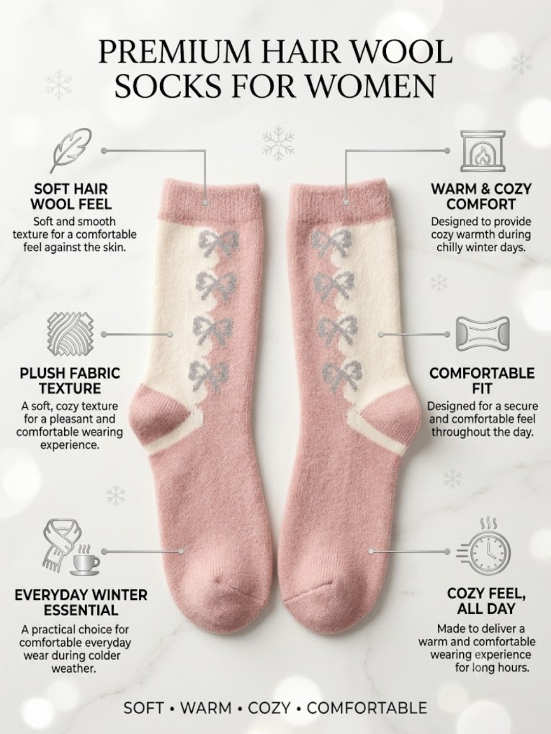 Cdeck Women’s Winter Hair Wool Socks | Warm & Comfortable | Free Size | Pink