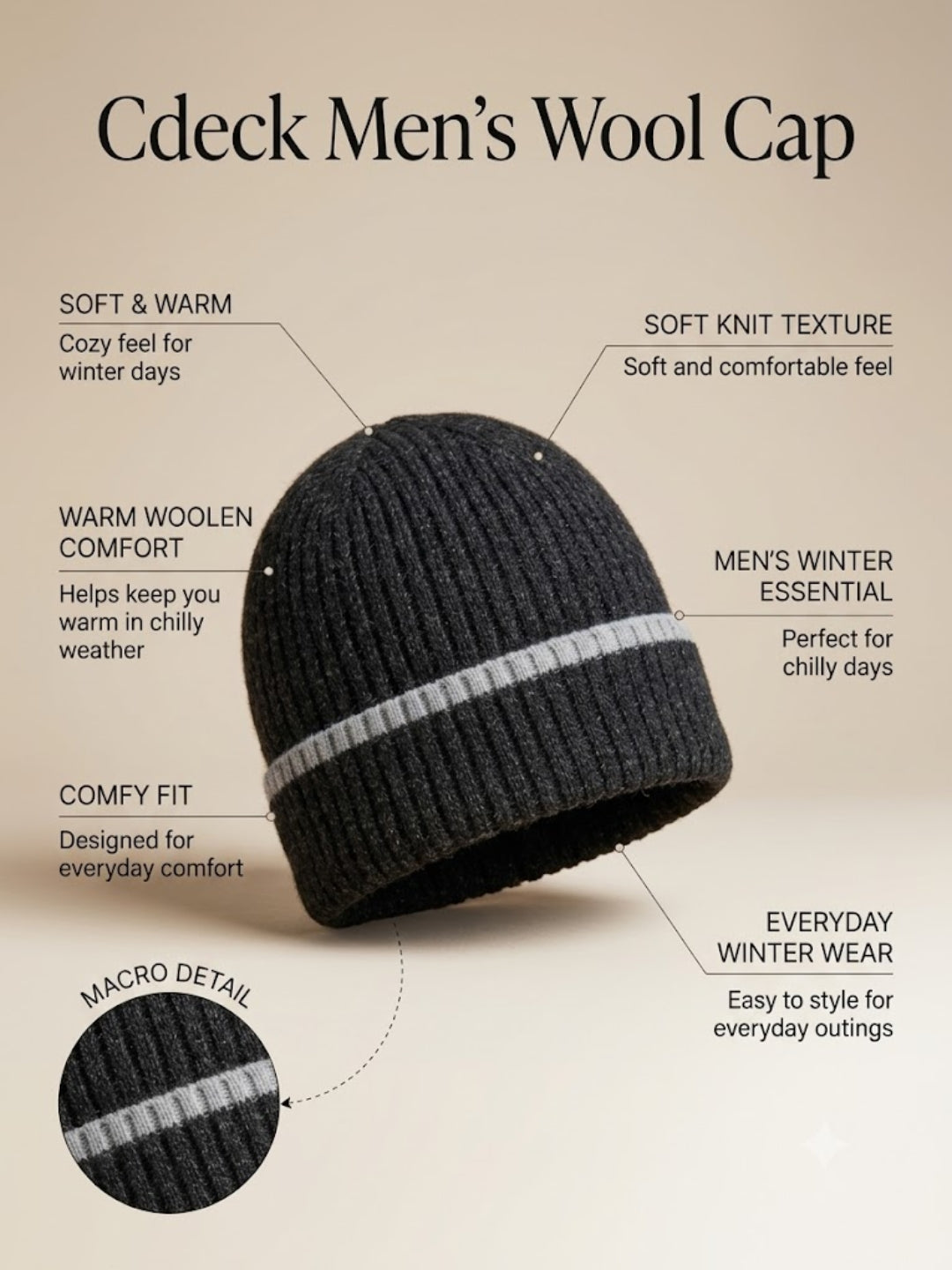 Cdeck Men’s Winter Woolen Cap | Ribbed Knit Beanie | Free Size | Soft & Warm | Black