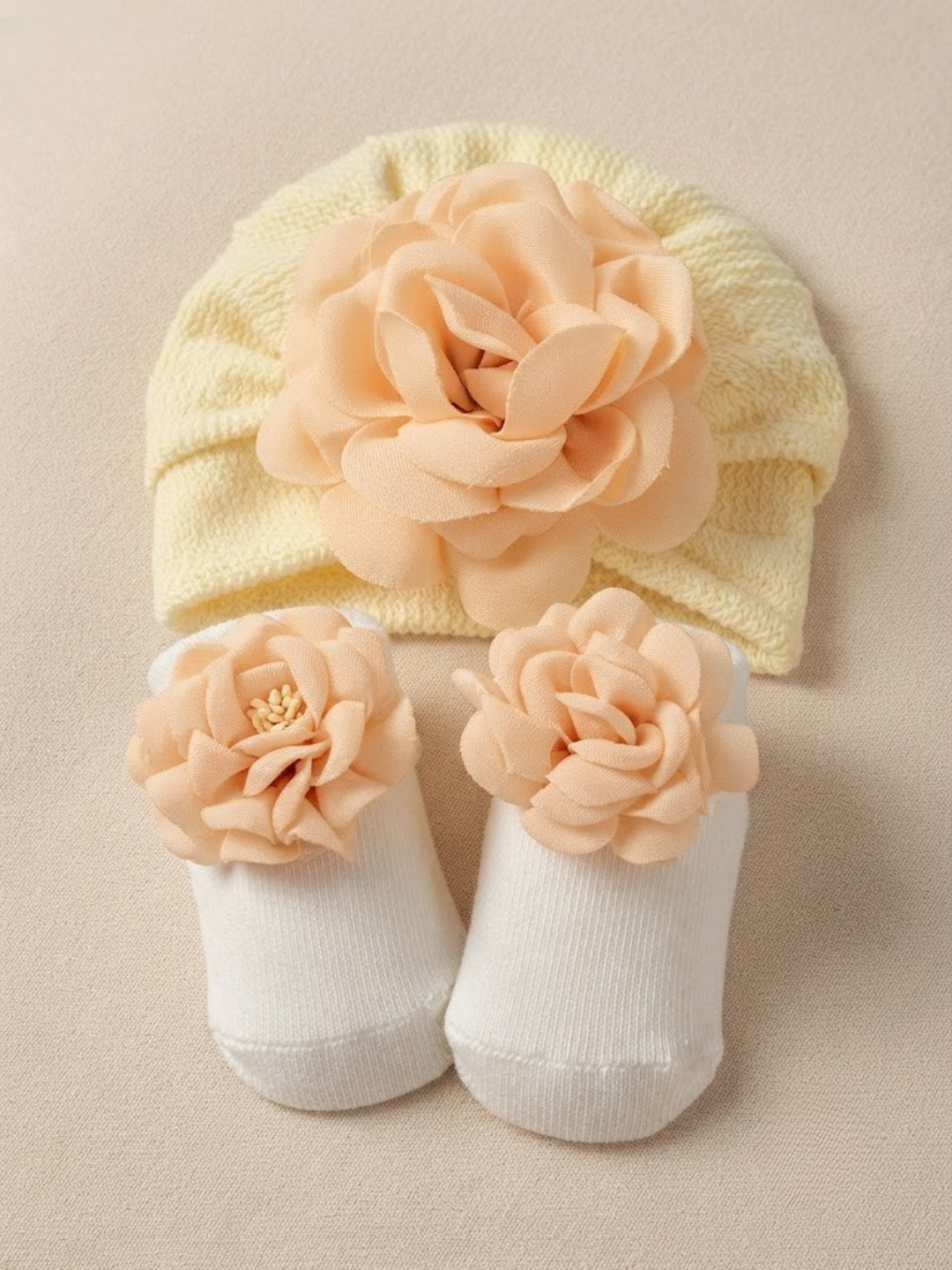Cdeck Pure Cotton Baby Socks and Cap Set | Soft Floral Design | Comfortable Newborn Accessories