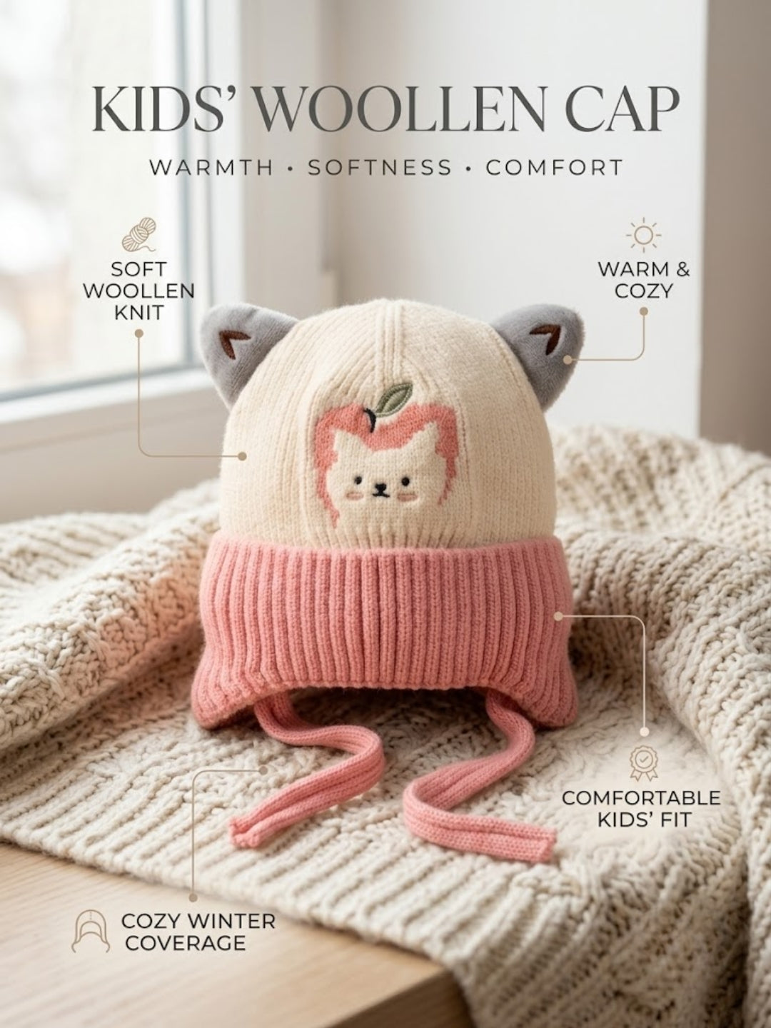 Cdeck Kids Woolen Winter Cap for Boys & Girls | Warm & Comfortable Winter Wear | 2–4 Years | Pink
