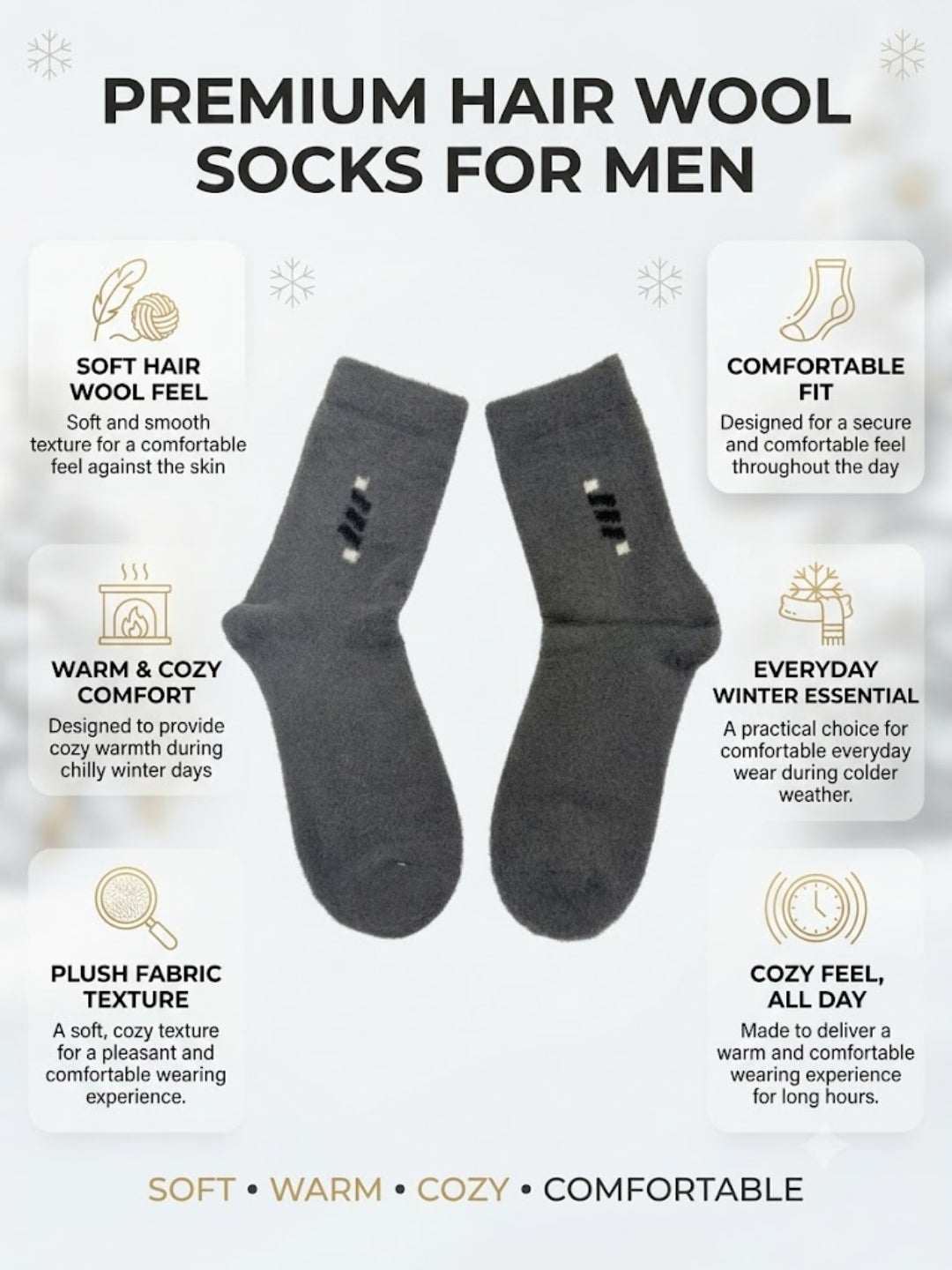 Cdeck Men’s Premium Hair Wool Winter Socks  | Soft, Fuzzy, Warm & Comfortable | Grey & Navy Blue | Free Size