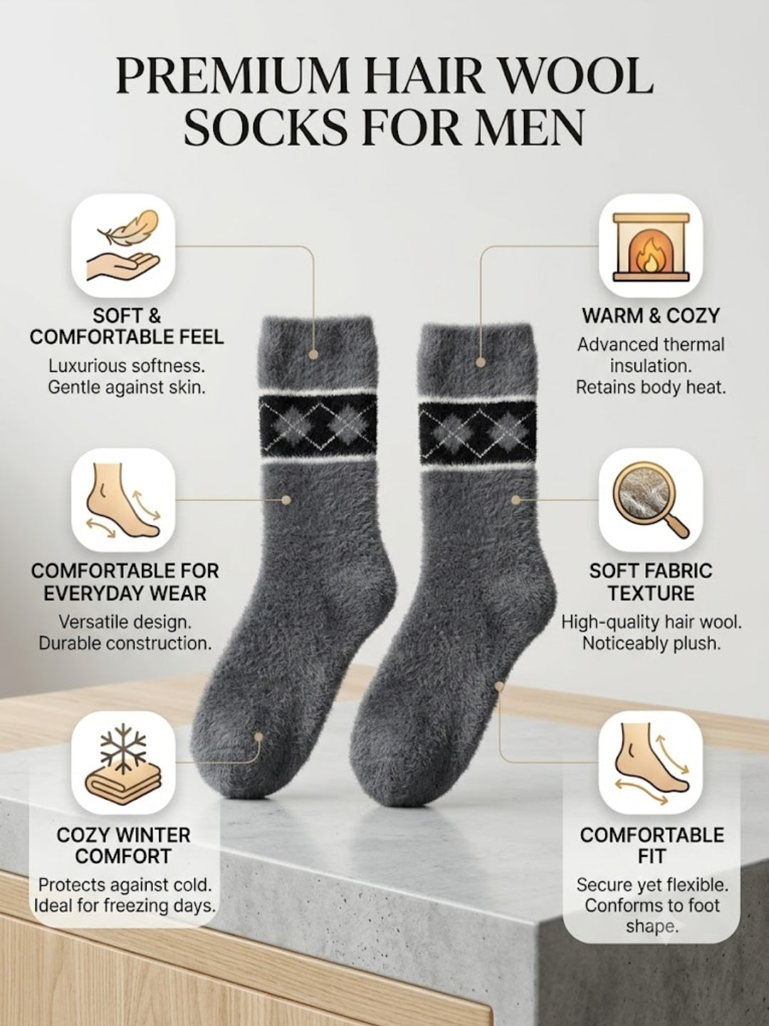 Cdeck Men’s Premium Hair Wool Winter Socks | Soft, Fuzzy, Warm & Comfortable Free Size | Dark Grey