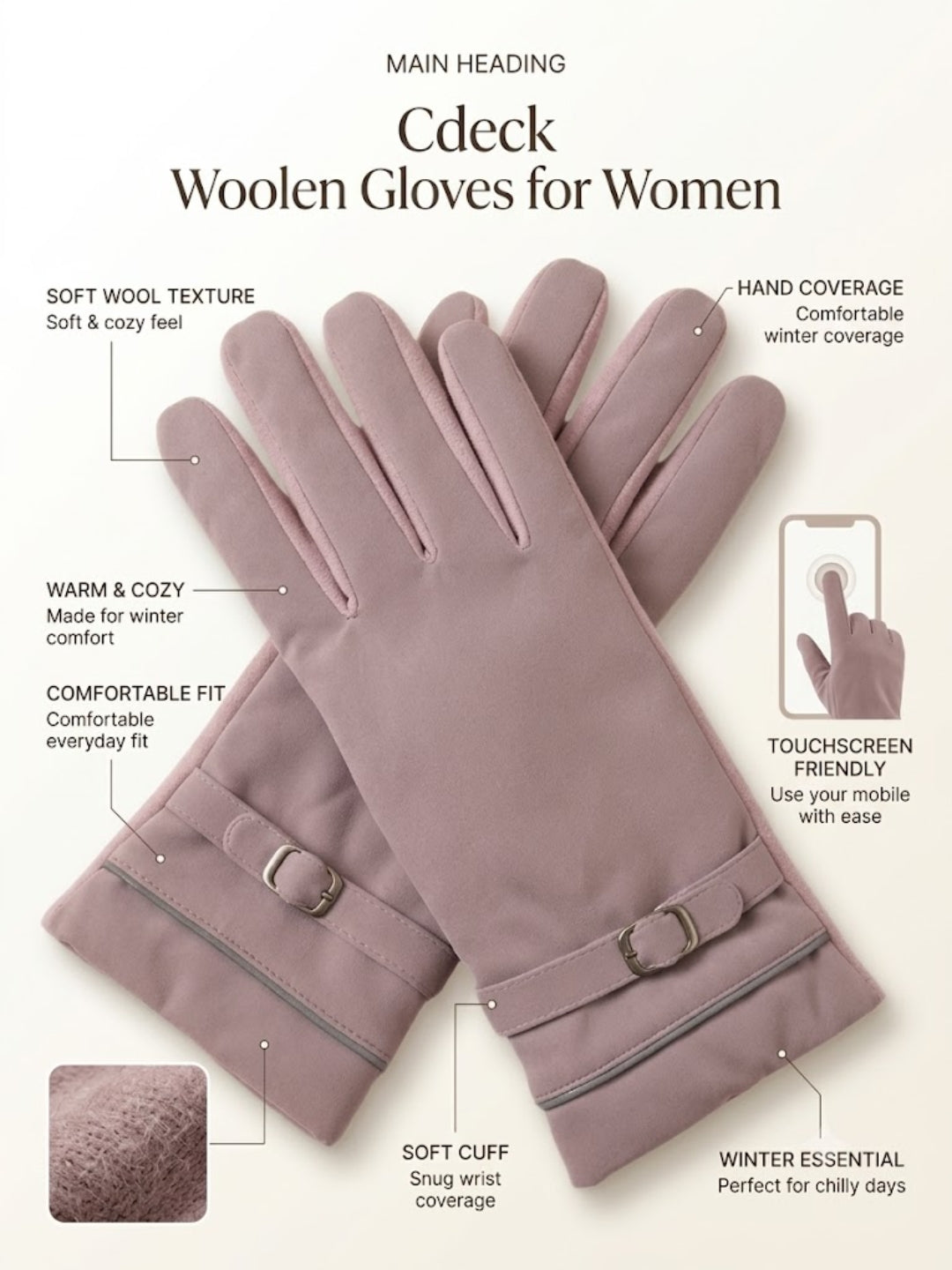 Cdeck Women’s Woolen Gloves | Warm Winter Gloves | Touchscreen Friendly | Free Size | Pink