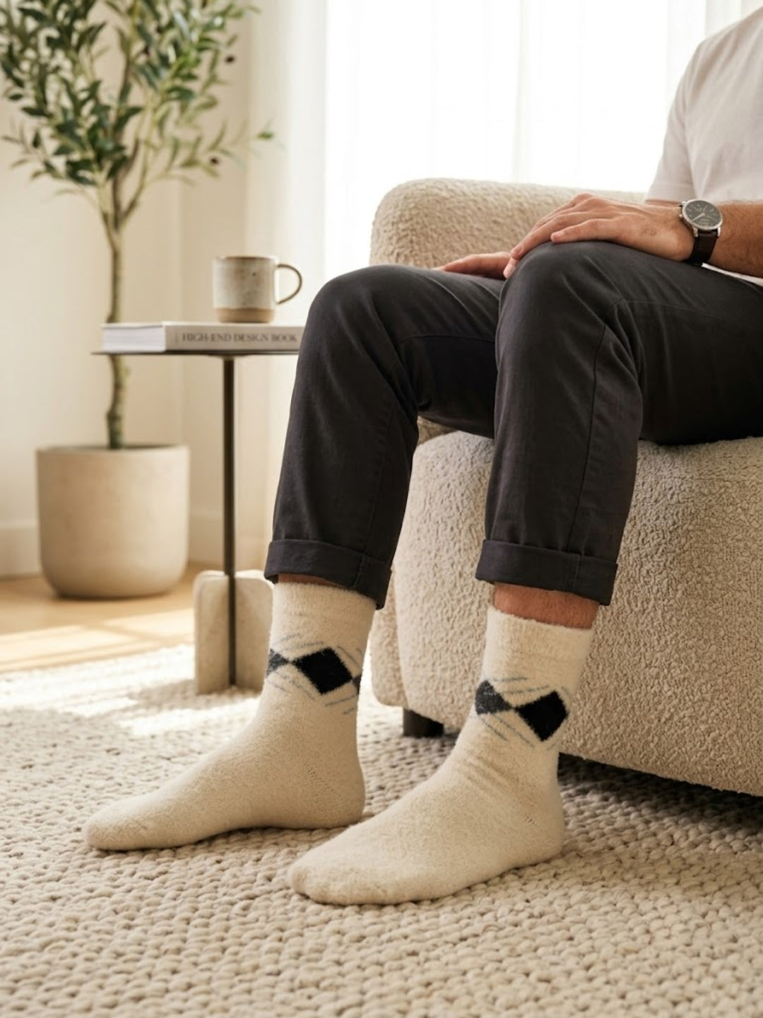 Cdeck Men’s Premium Hair Wool Winter Socks | Soft, Fuzzy, Warm & Comfortable | Cream  | Free Size