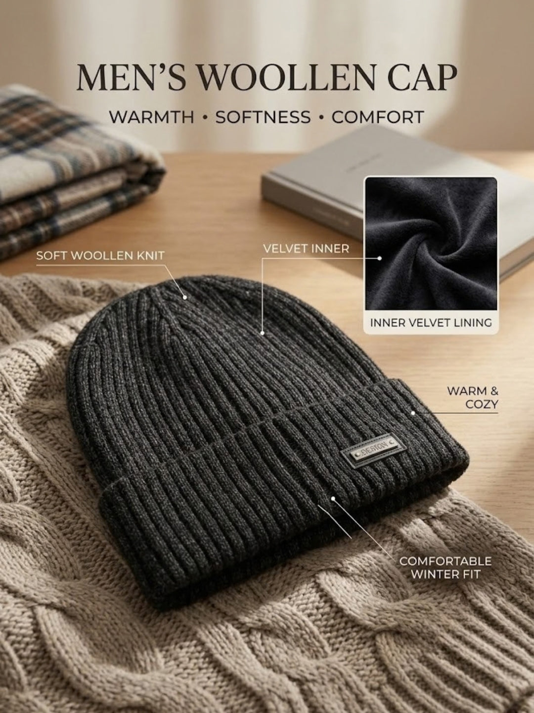 Cdeck Men’s Woolen Winter Cap | Soft, Warm & Comfortable Cap for Everyday Wear | Free Size | Black