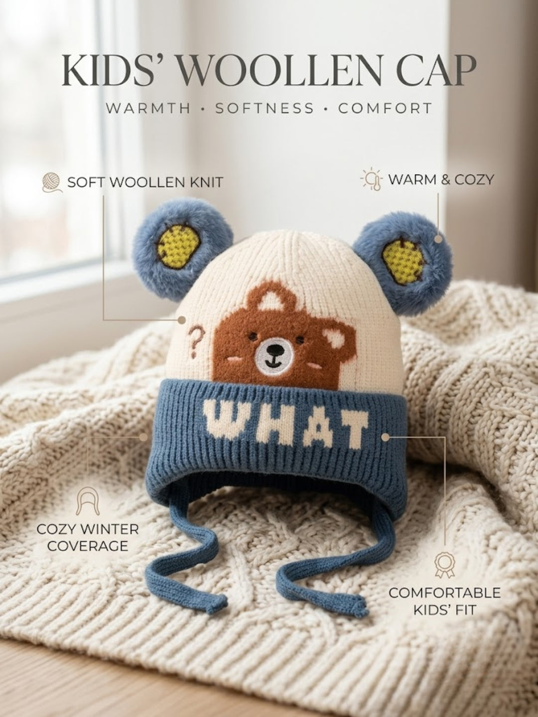 Cdeck Kids Woolen Winter Cap for Boys & Girls | Warm & Comfortable Winter Wear | 2–4 Years| Blue