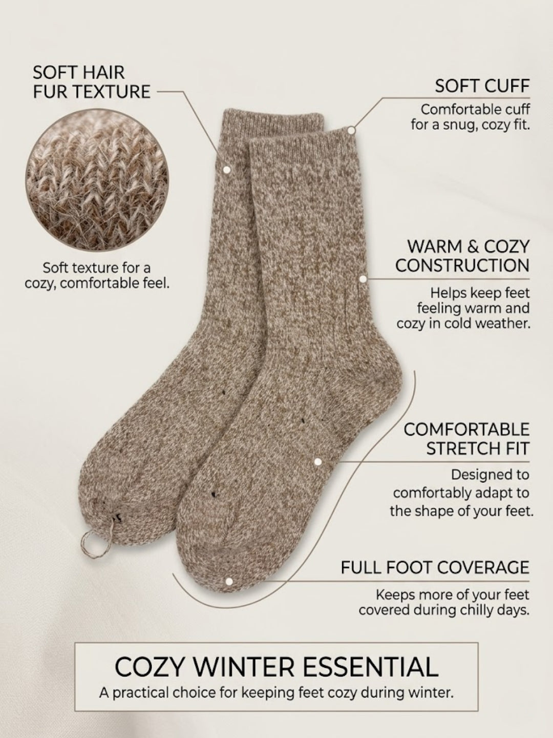 Cdeck Women’s Premium Fuzzy Socks – Soft Warm Winter Socks | Ribbed Design | Free Size | Beige