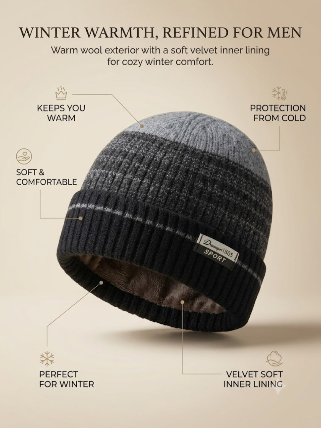 Cdeck Men’s Winter Woolen Cap | Ribbed Knit Beanie | Free Size | Soft & Warm | Black