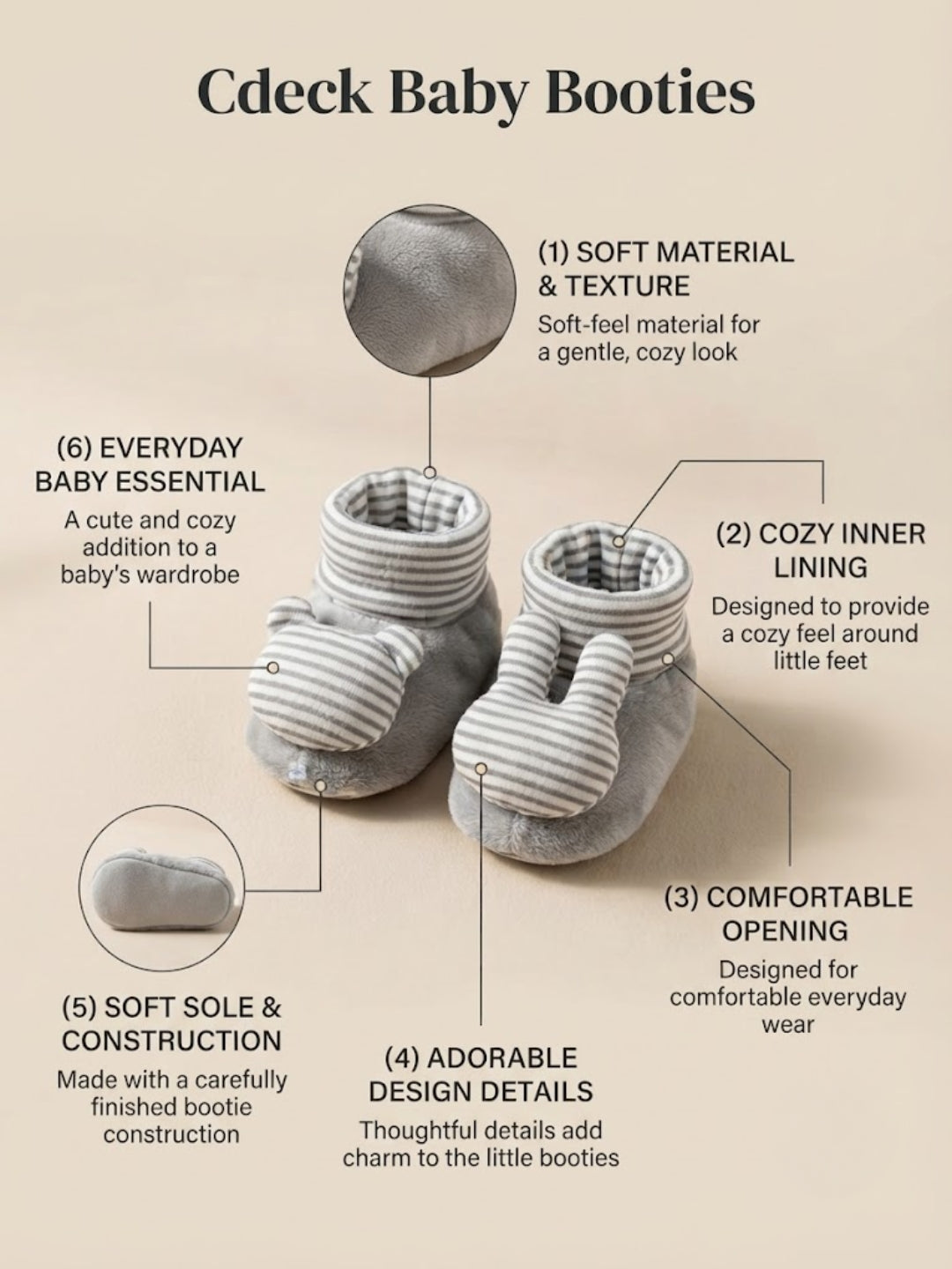 Cdeck Baby Woolen Booties for Infants | Soft, Warm & Comfortable Winter Footwear | 3–9 Months |  Grey