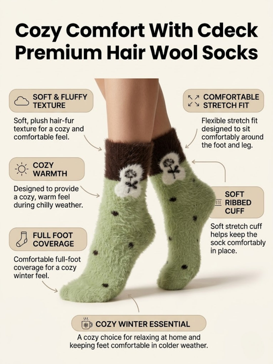 Cdeck Women’s Soft & Warm Woolen Fuzzy Socks | Cozy Thick Winter Socks for Women | Green