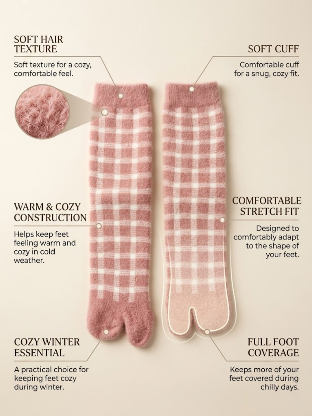 Cdeck Women’s Premium Rabbit Hair Wool Split-Toe Warm Winter Socks | Free Size | Pink