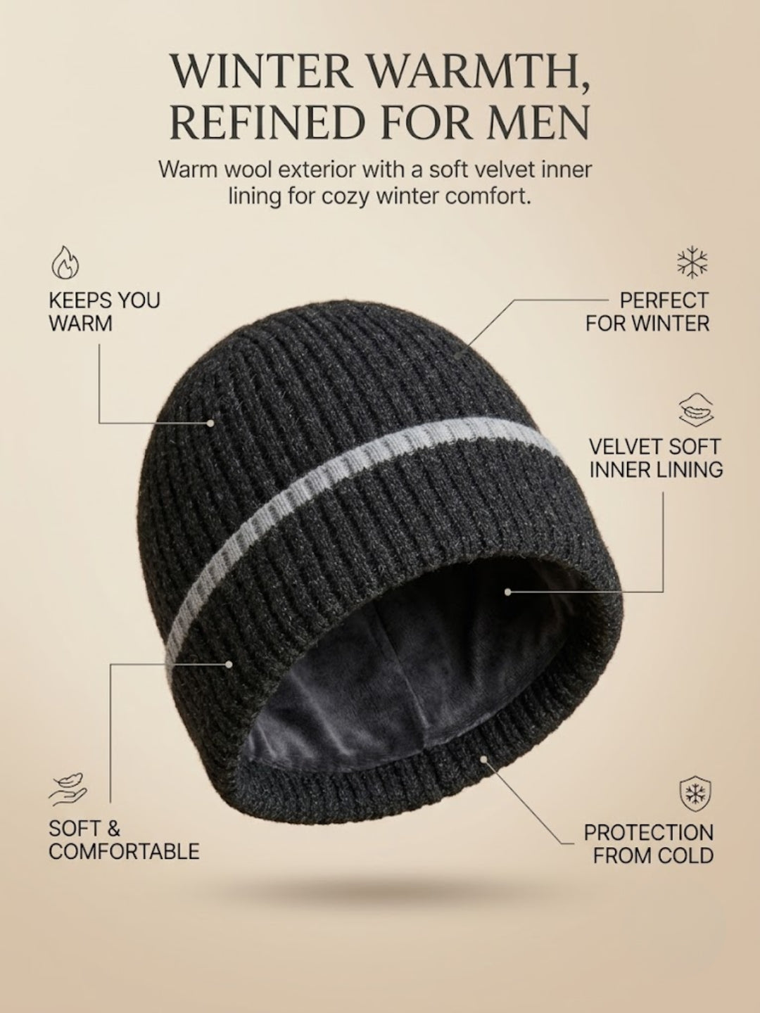 Cdeck Men’s Winter Woolen Cap | Ribbed Knit Beanie | Free Size | Soft & Warm | Black