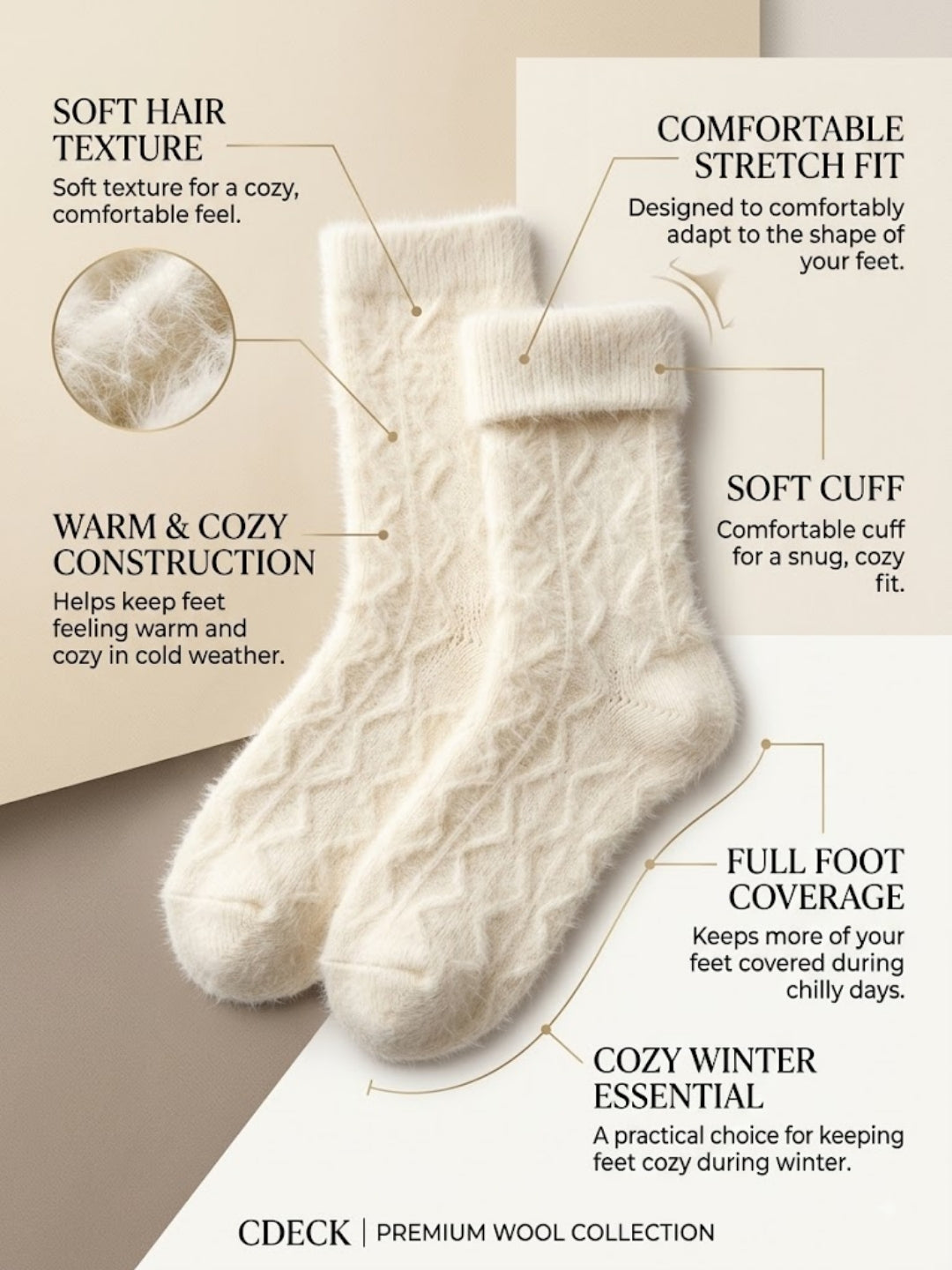 Cdeck Women’s Soft & Warm Woolen Fuzzy Socks | Cozy Thick Winter Socks for Women | Cream