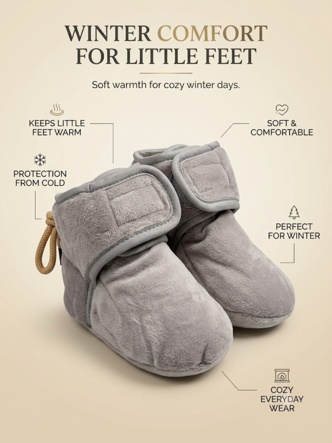 Cdeck Woolen Baby Booties for kids| Soft, Warm & Comfortable Winter Footwear | 3–9 Months | grey