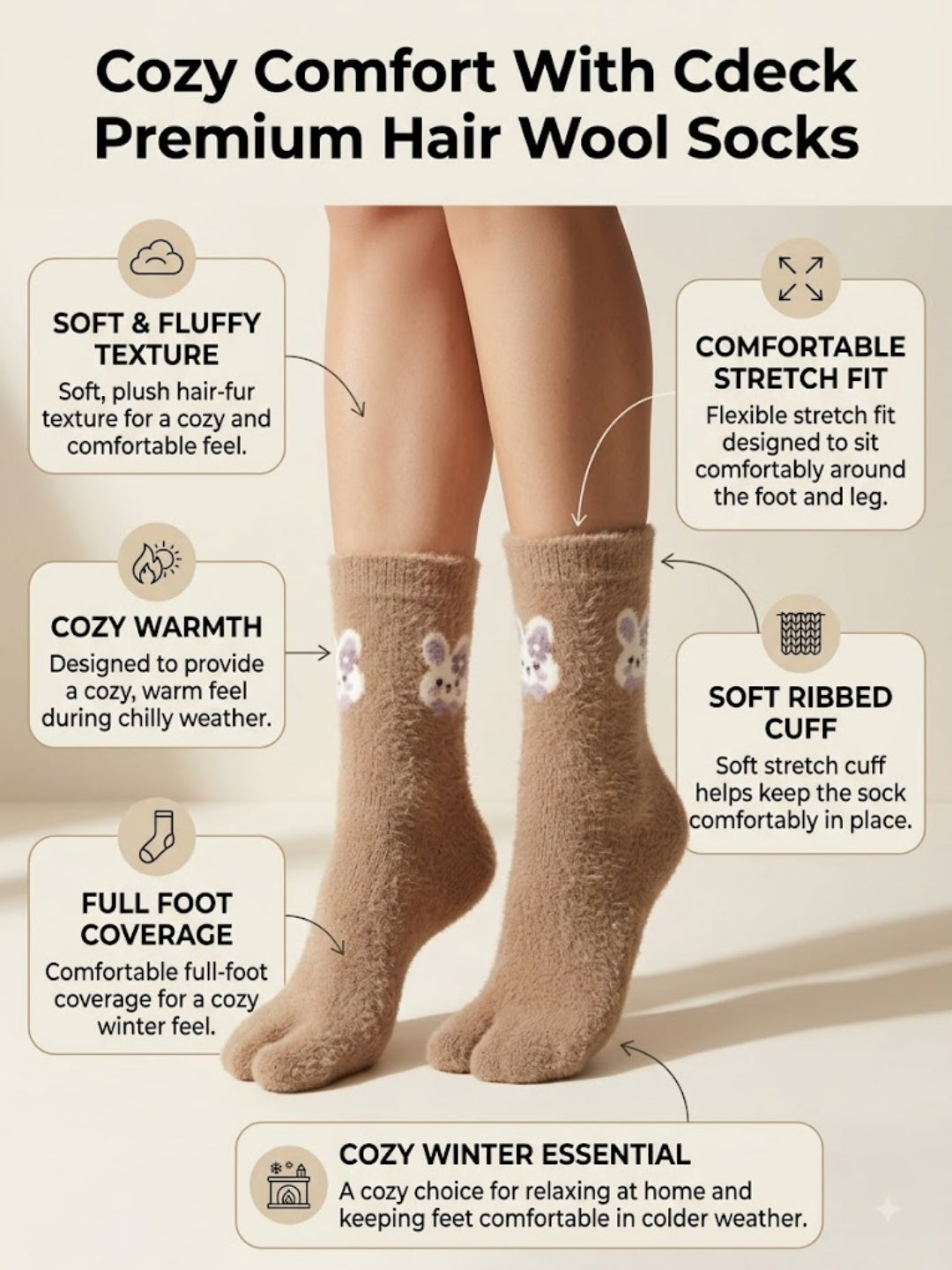 Cdeck Women’s Premium Soft Fuzzy Cute Animal Split-Toe Warm Winter Socks  | Cozy Plush Free Size | Brown