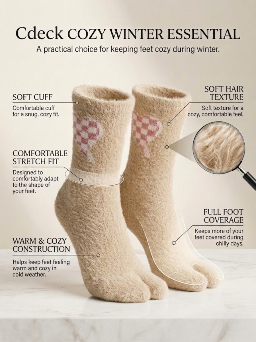 Cdeck Women’s Premium Fuzzy Split-Toe Socks – Cute Bunny Design | Warm Winter Socks | Free Size | Beige