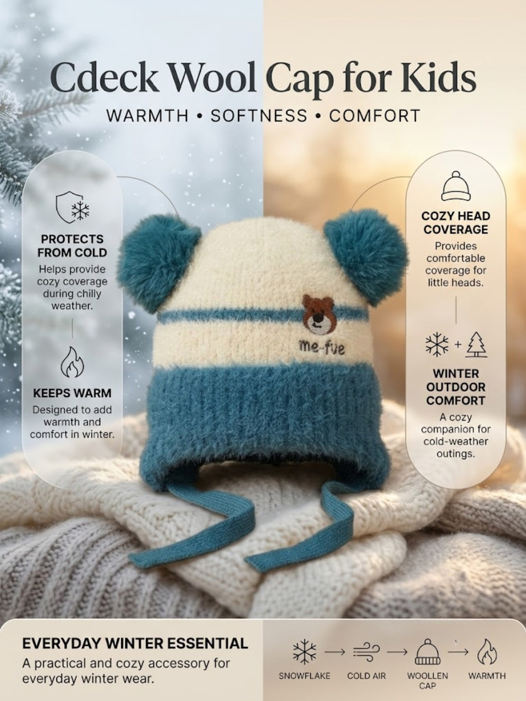 Cdeck Kids Woolen Winter Cap for Boys & Girls | Warm & Comfortable Winter Wear | 2–4 Years | Blue