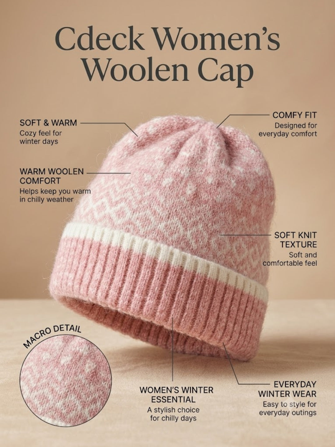 Cdeck Women Woolen Cap | Soft Knitted Winter Beanie for Women | Warm & Stylish Winter Wear | Free Size| Pink