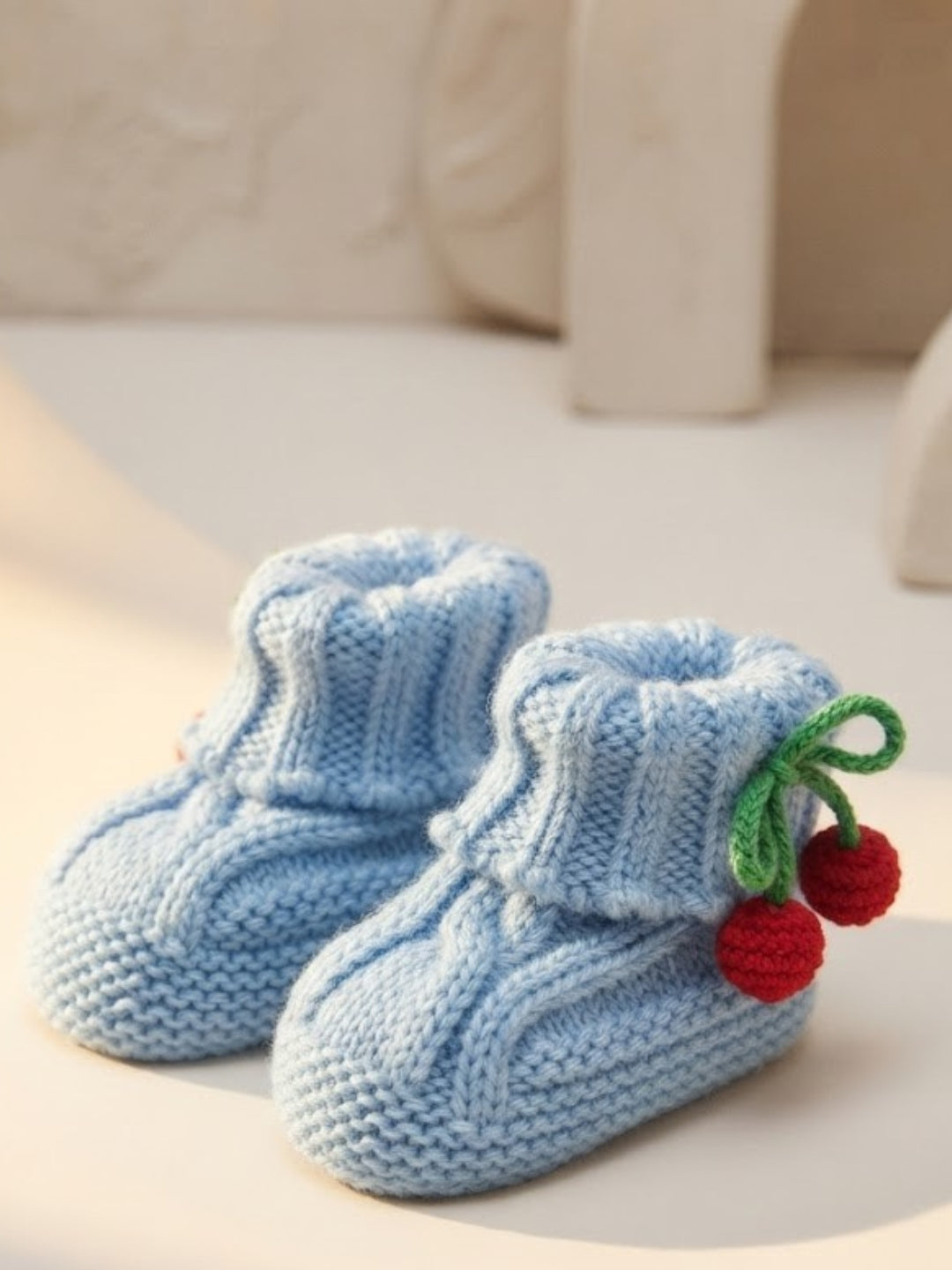 Cdeck Baby Wool Booties with Cherry Pom-Pom Design | Soft Knitted Baby Shoes | Cute Blue Booties for Babies 0–9 Months
