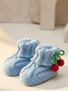 Cdeck Baby Wool Booties with Cherry Pom-Pom Design | Soft Knitted Baby Shoes | Cute Blue Booties for Babies 0–9 Months