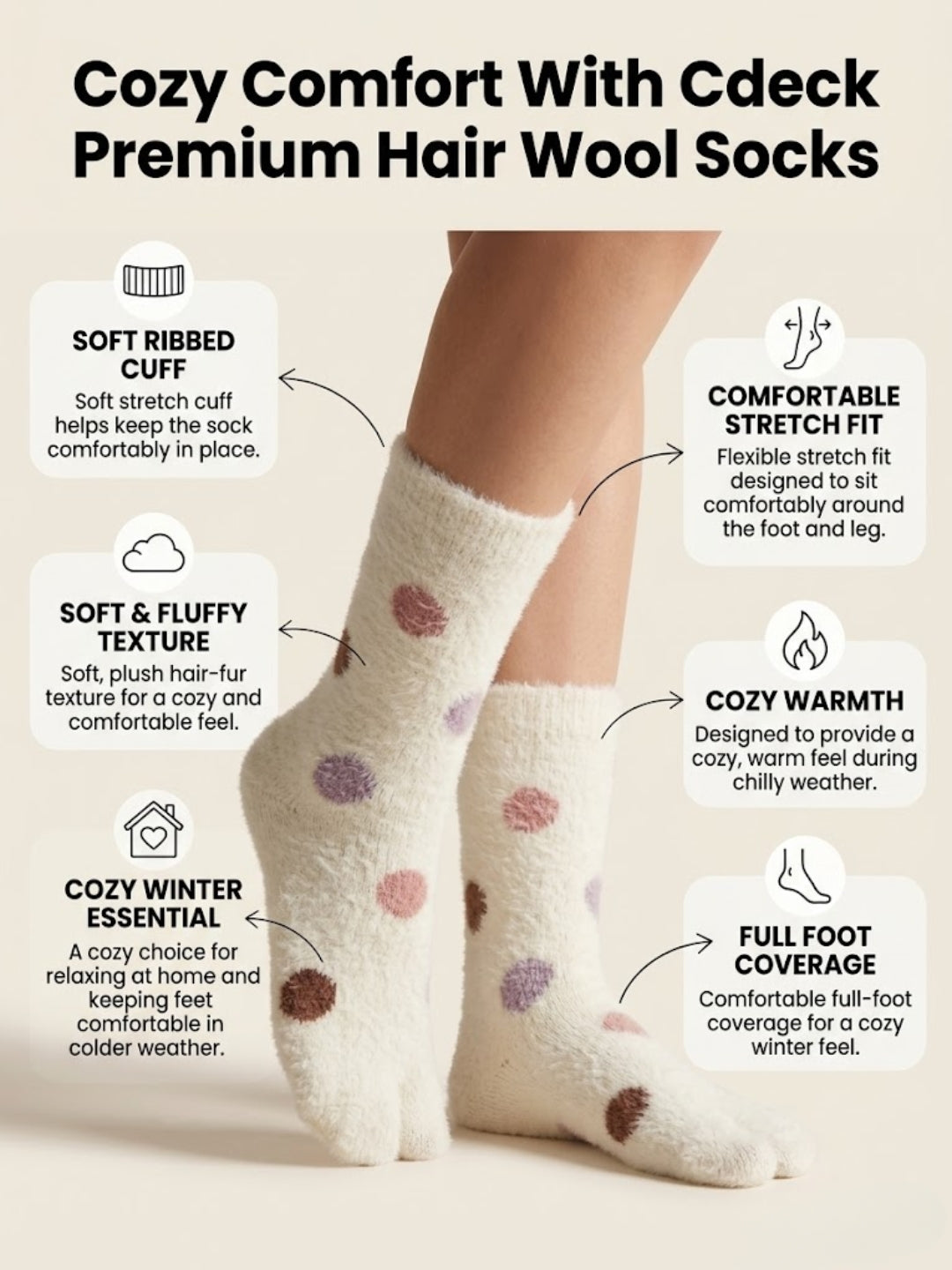 Cdeck Warm Socks for Women | Soft Cozy Comfortable Full-Length Winter Socks with Cute Multicolor Dot Pattern | White