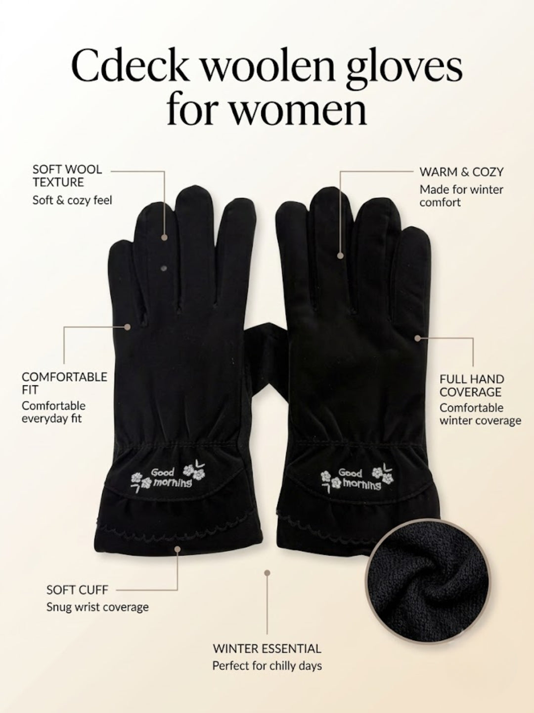 Cdeck Women’s Woolen Gloves | Warm Winter Gloves | Touchscreen Friendly | Free Size | Black