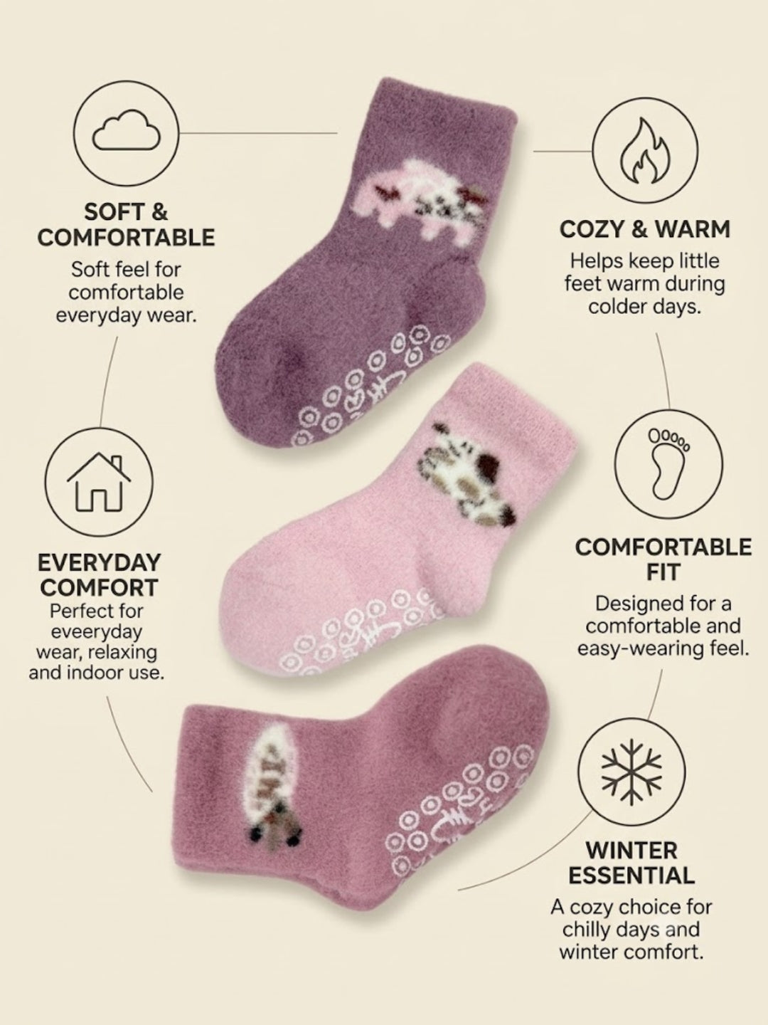 Cdeck Kids Premium Hair Wool Socks | Soft & Warm Winter Socks for Boys & Girls | 3 Pack | 0–4 Years | Multicolor