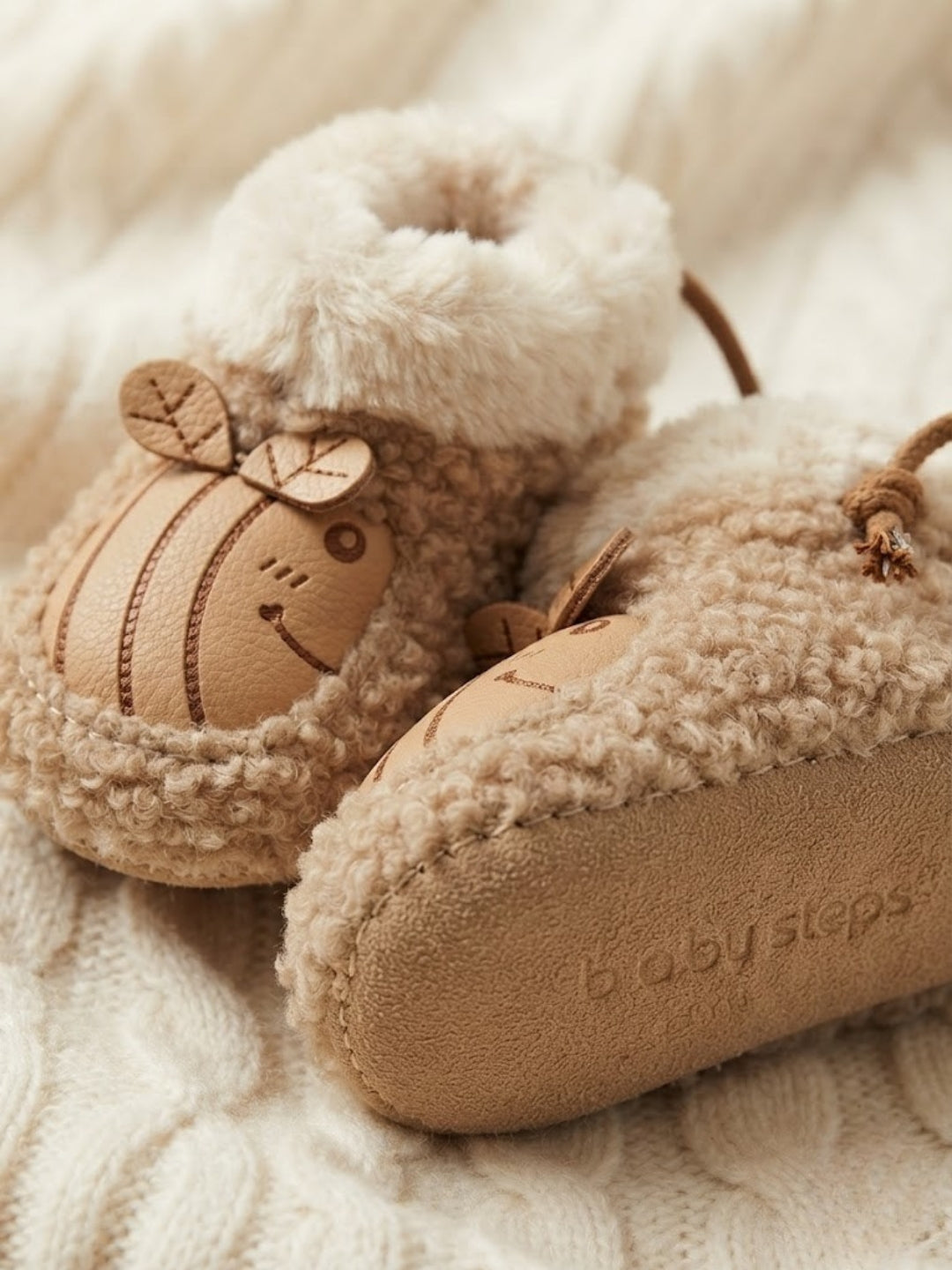 Cdeck Baby Wool Booties | Soft Warm Fleece Baby Shoes | Cute Beige Booties for Babies 3–9 Months