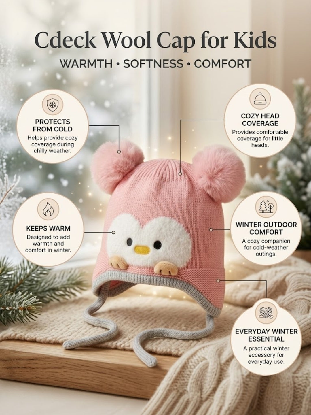Cdeck Kids Woolen Winter Cap for Boys & Girls | Warm & Comfortable Winter Wear | 2–4 Years | Pink