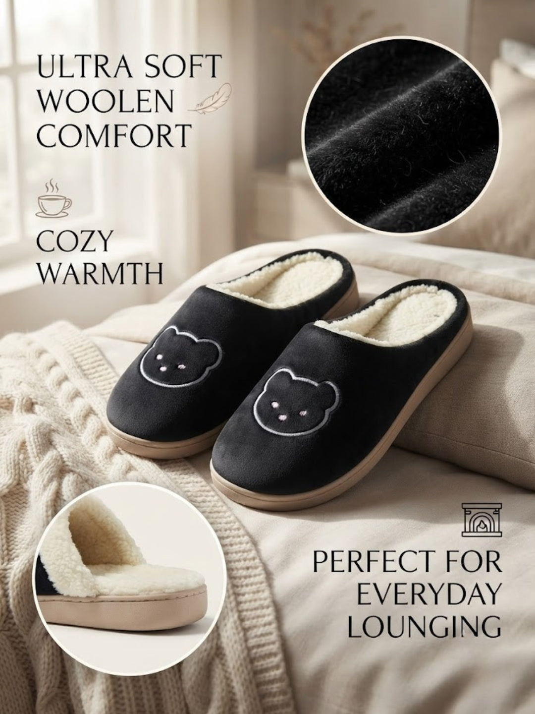 Cdeck Women’s Fuzzy Winter Slippers | Soft Plush  Slippers for Comfort & Warmth | Free Size | Black