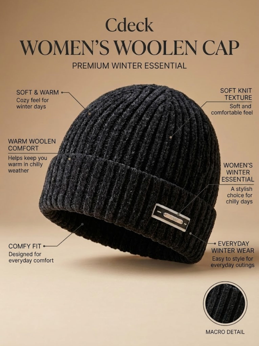 Cdeck Women Woolen Cap | Soft Knitted Winter Beanie for Women | Warm & Stylish Winter Wear | Free Size| Black