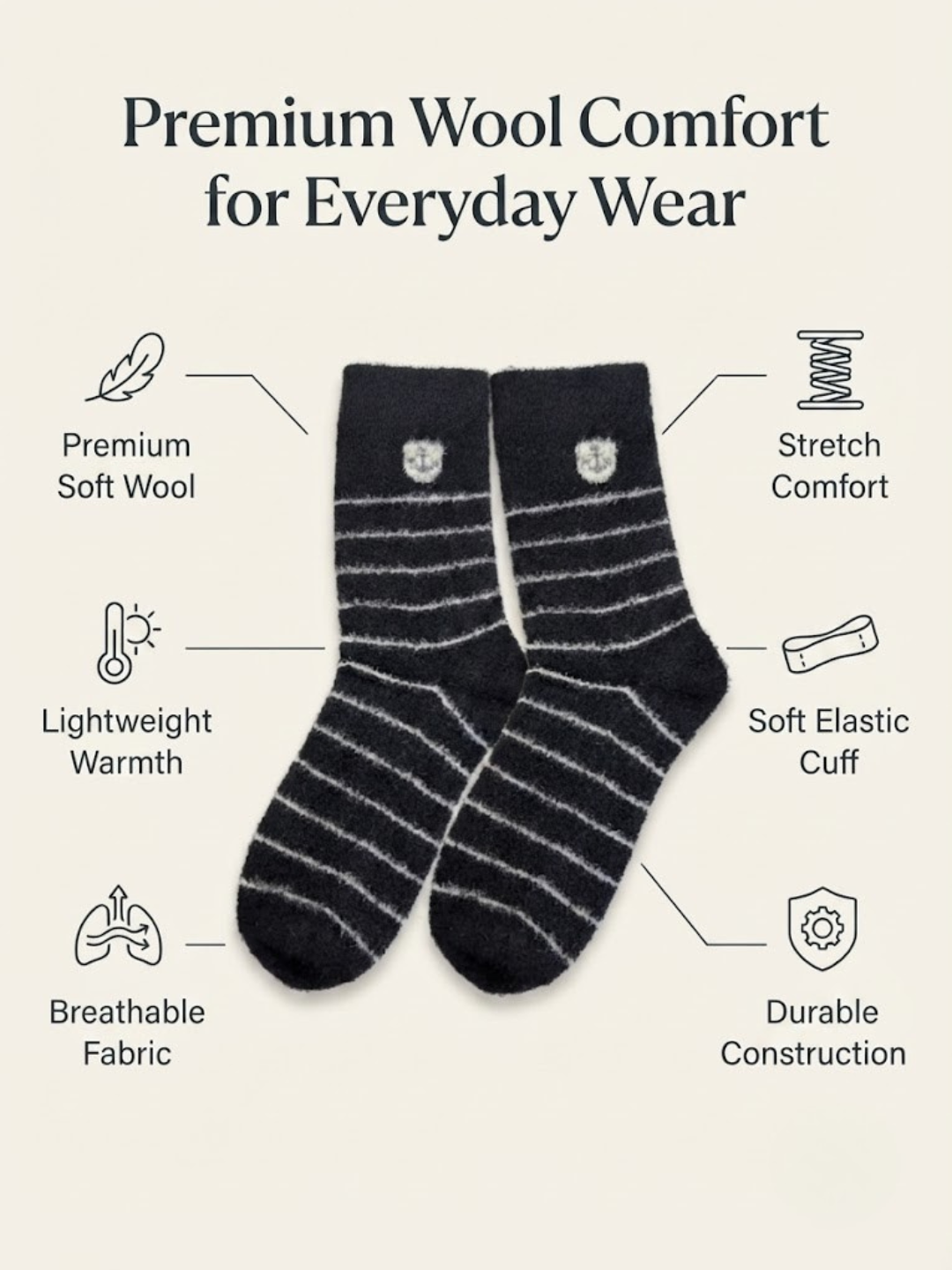 Cdeck Men’s Soft Wool Socks | Warm Black Striped Cozy Socks