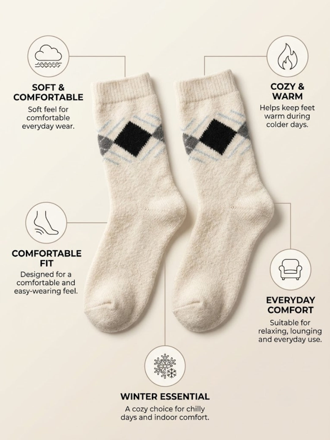 Cdeck Men’s Premium Hair Wool Winter Socks | Soft, Fuzzy, Warm & Comfortable | Cream  | Free Size