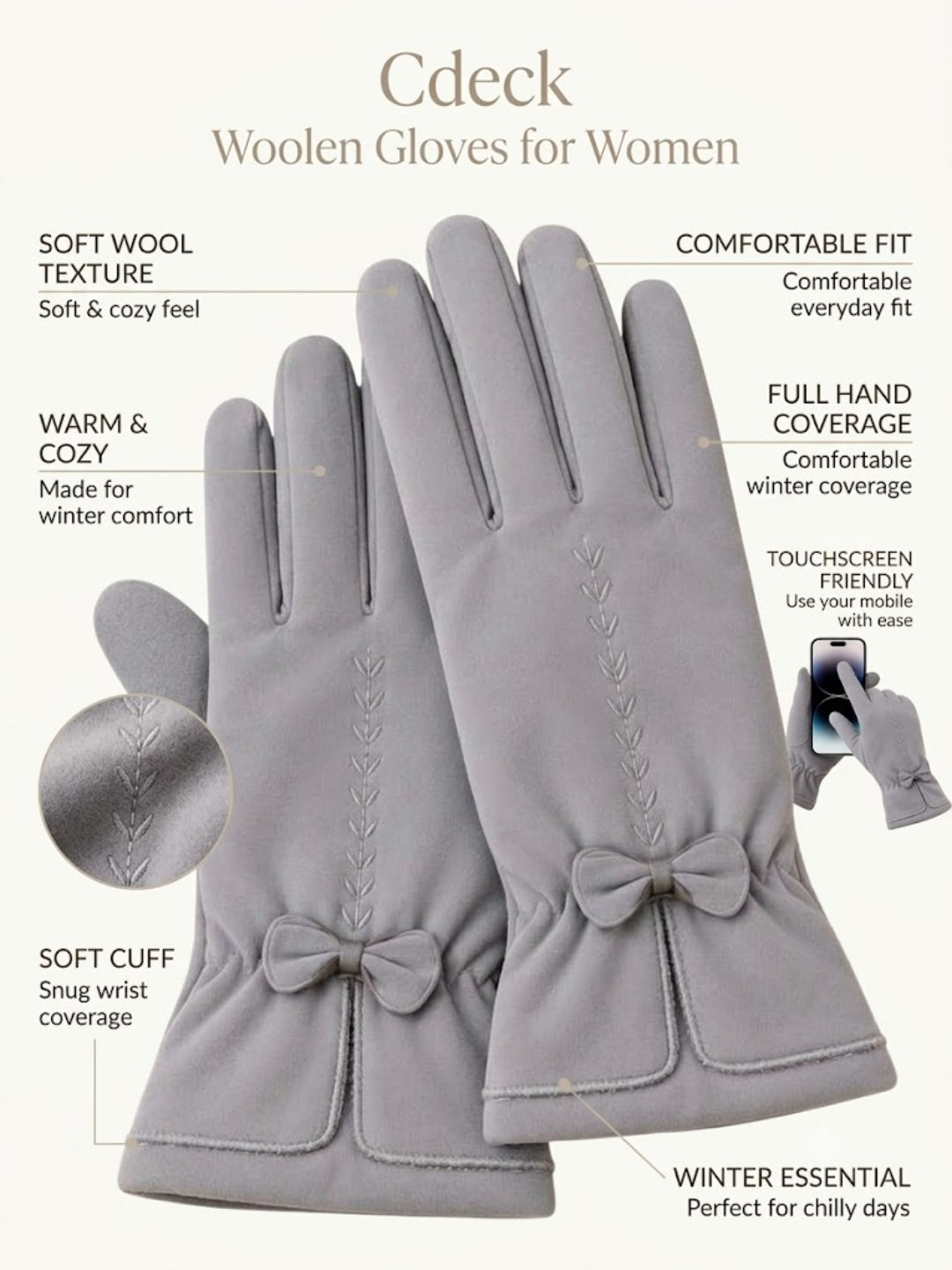 Cdeck Women’s Woolen Gloves | Warm & Stylish Winter Gloves | Screen Friendly | Full Finger | Free Size | Grey