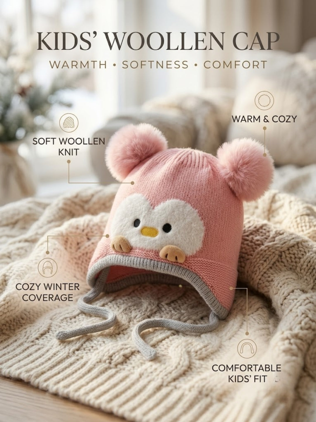 Cdeck Kids Woolen Winter Cap for Boys & Girls | Warm & Comfortable Winter Wear | 2–4 Years | Pink