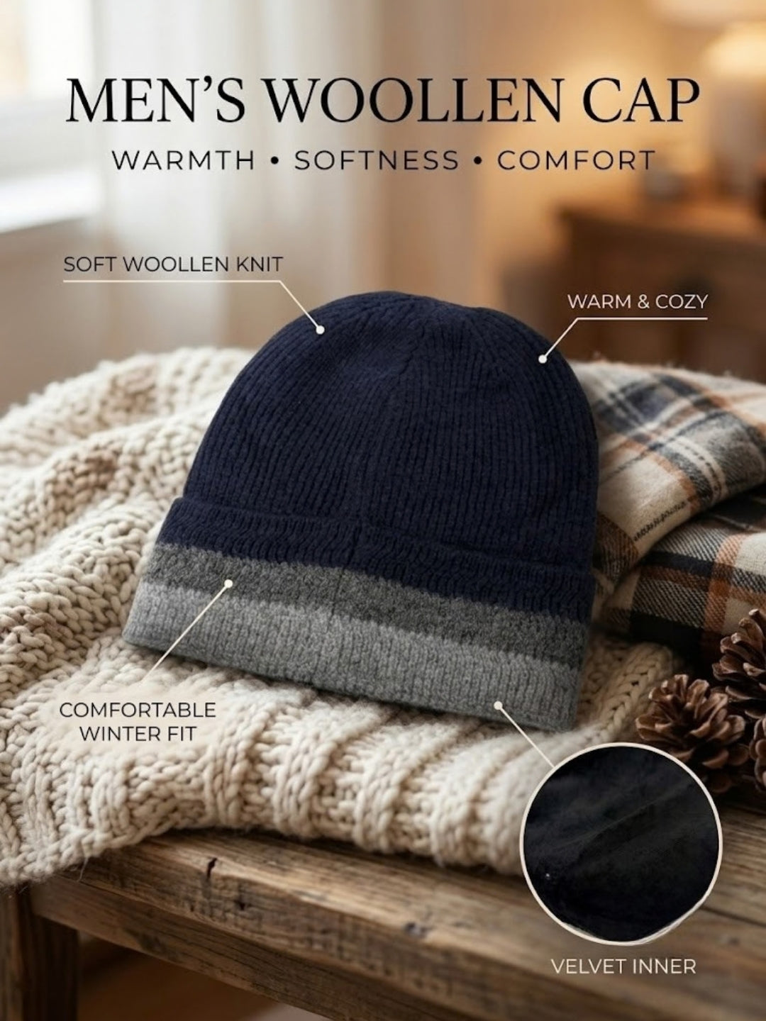 Cdeck Men’s Woolen Winter Cap | Soft, Warm & Comfortable Cap for Everyday Wear | Free Size | Blue