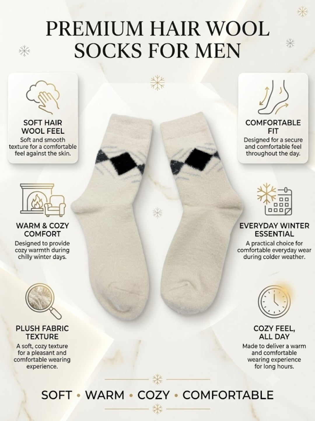 Cdeck Men’s Premium Hair Wool Winter Socks | Soft, Fuzzy, Warm & Comfortable | Cream  | Free Size