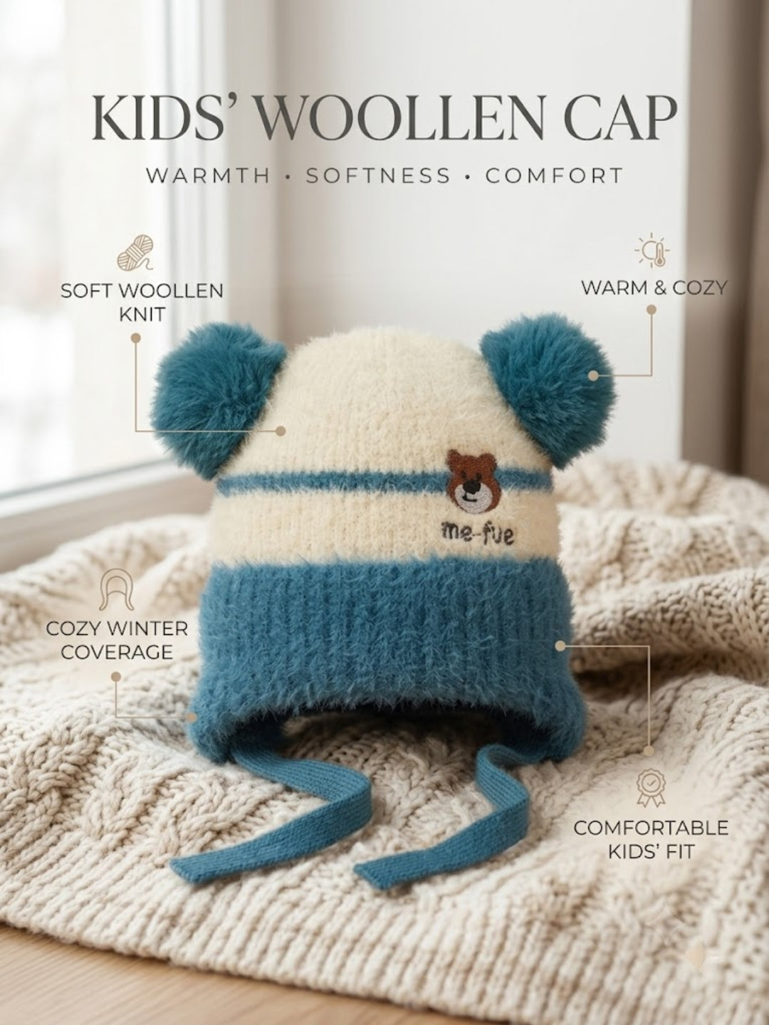 Cdeck Kids Woolen Winter Cap for Boys & Girls | Warm & Comfortable Winter Wear | 2–4 Years | Blue