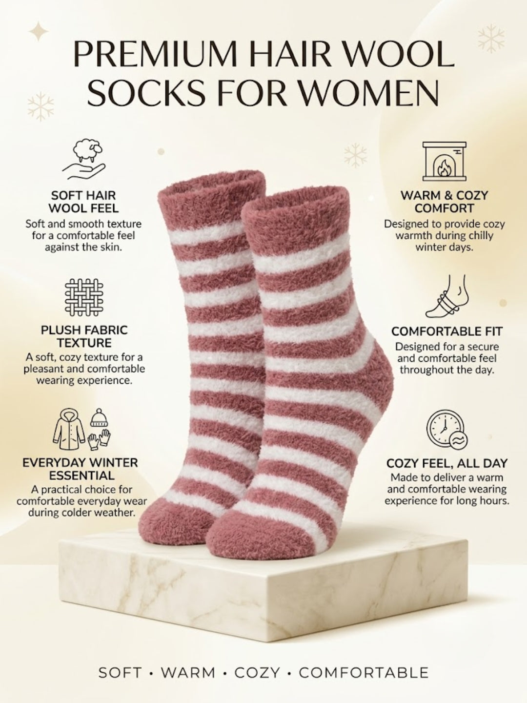Cdeck Women Hair Wool Socks Combo | Warm & Comfortable | Free Size | Mid Length | Mustard Maroon