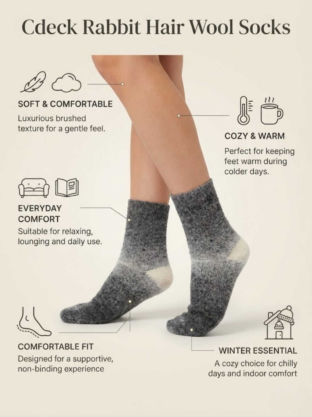 Cdeck Unisex Premium Warm Fuzzy Socks – Extra Soft Cozy Winter Socks for Men & Women | Comfortable Stretch Fit | Free Size | Grey & White