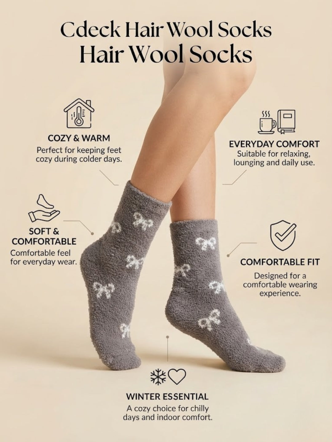 Cdeck Women’s Mid-Calf Rabbit Hair Wool Socks – Premium Soft Warm Fuzzy Winter Socks, Cozy Plush Socks with Cute Bow Pattern