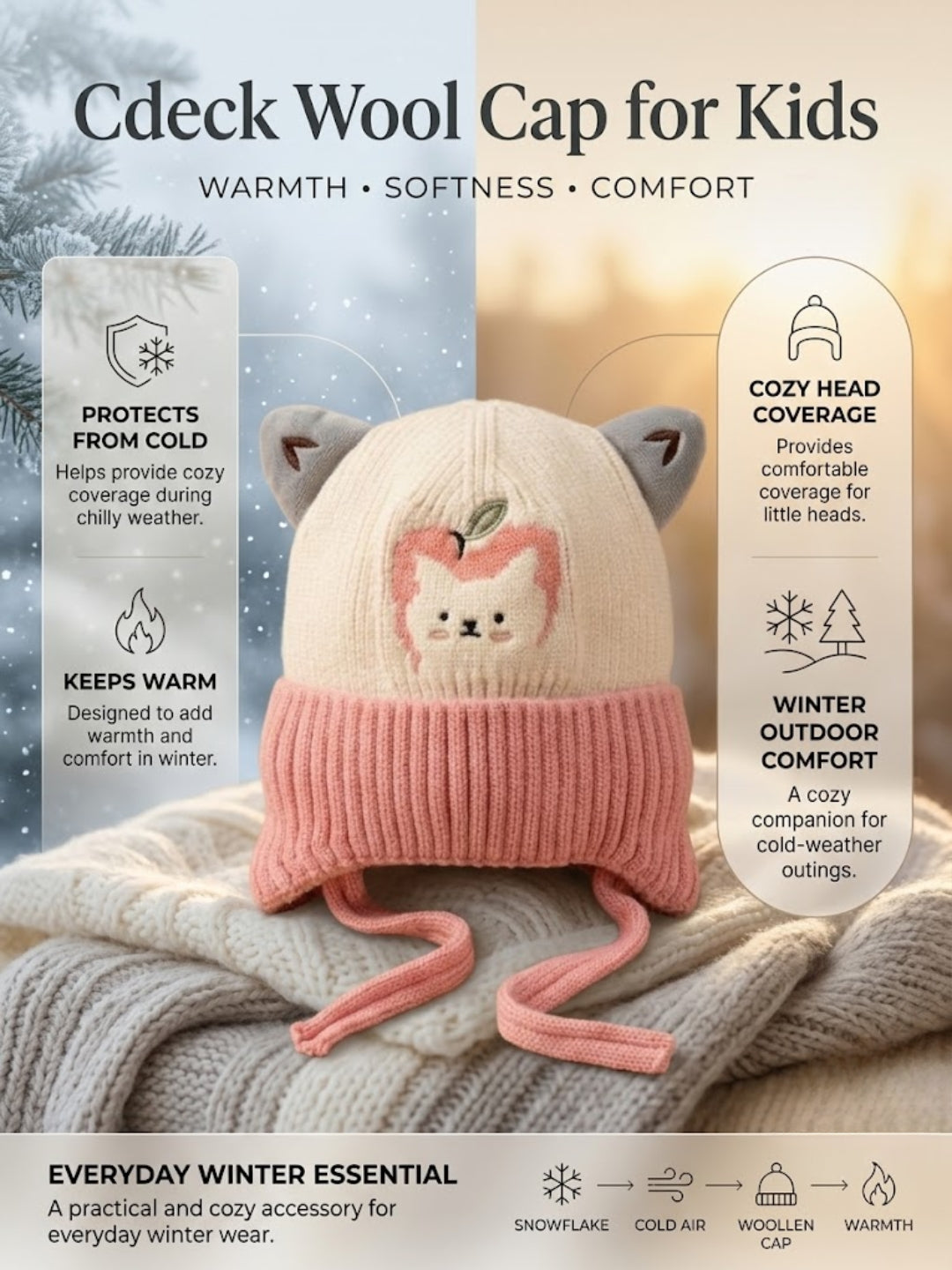 Cdeck Kids Woolen Winter Cap for Boys & Girls | Warm & Comfortable Winter Wear | 2–4 Years | Pink
