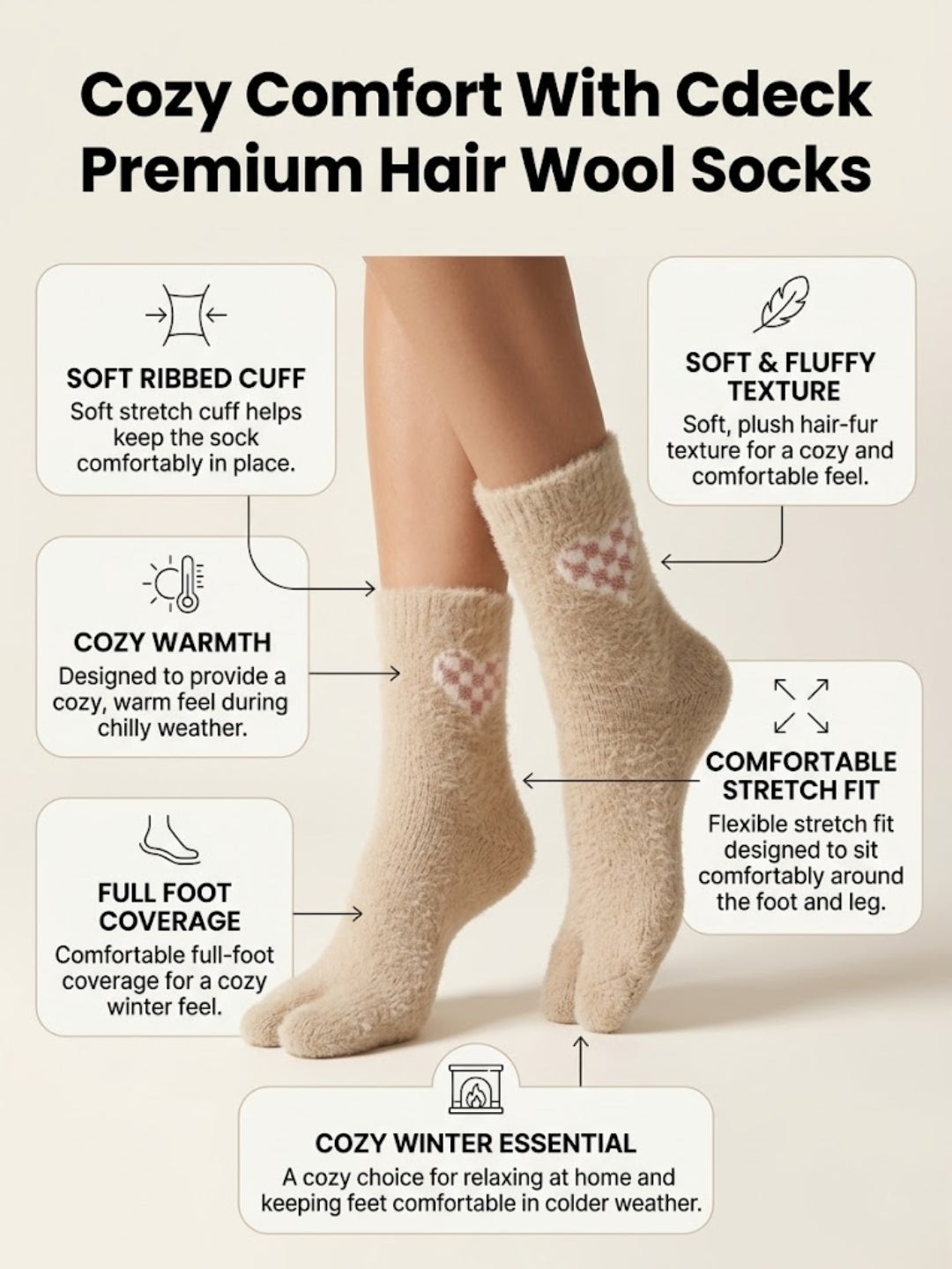 Cdeck Women’s Premium Fuzzy Split-Toe Socks – Cute Bunny Design | Warm Winter Socks | Free Size | Beige