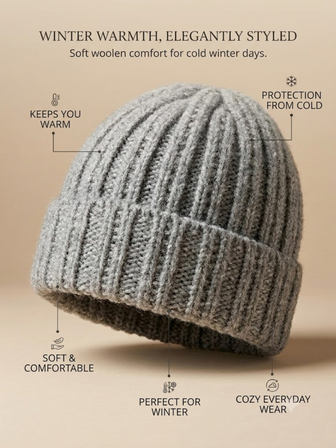 Cdeck Women Woolen Cap | Soft Knitted Winter Beanie for Women | Warm & Stylish Winter Wear | Free Size| Grey