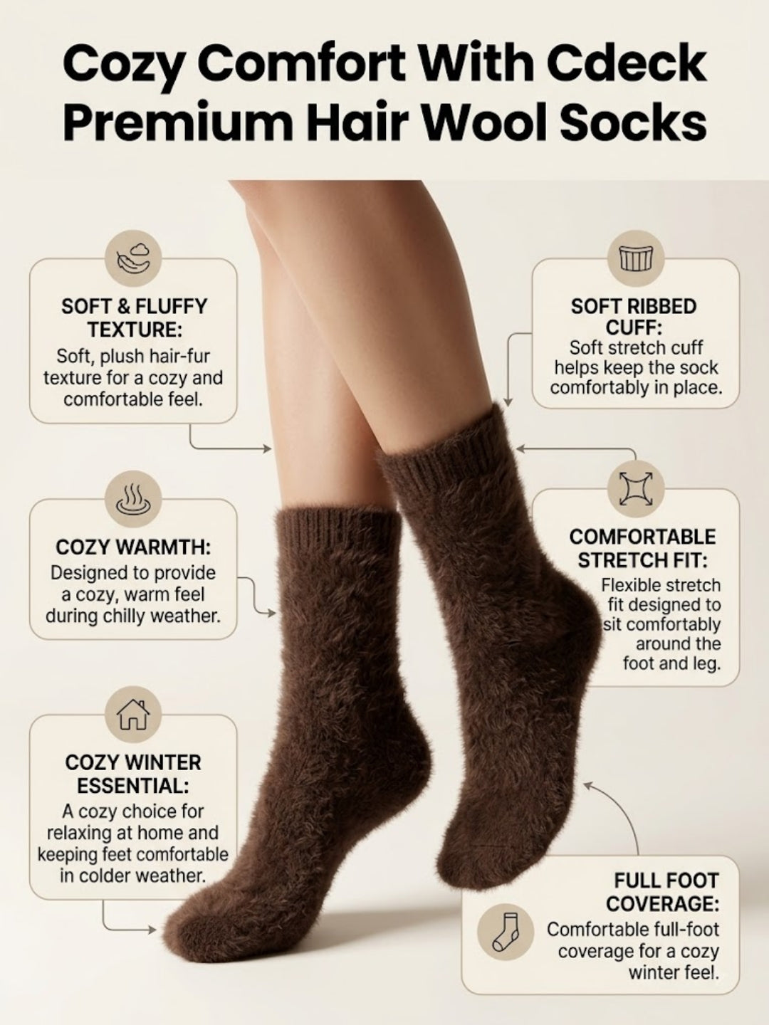 Cdeck Women’s Soft & Warm Woolen Fuzzy Socks | Cozy Thick Winter Socks for Women | Brown
