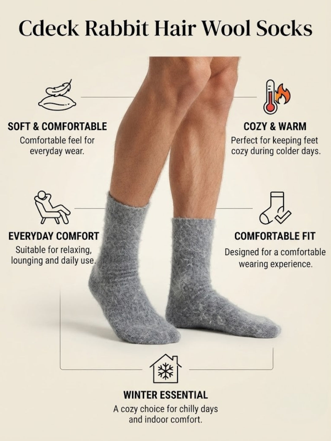 Cdeck Unisex Woolen Winter Socks | Soft Warm Wool Socks for Men & Women | Cozy Comfortable Winter Socks | Full Length | Light Grey