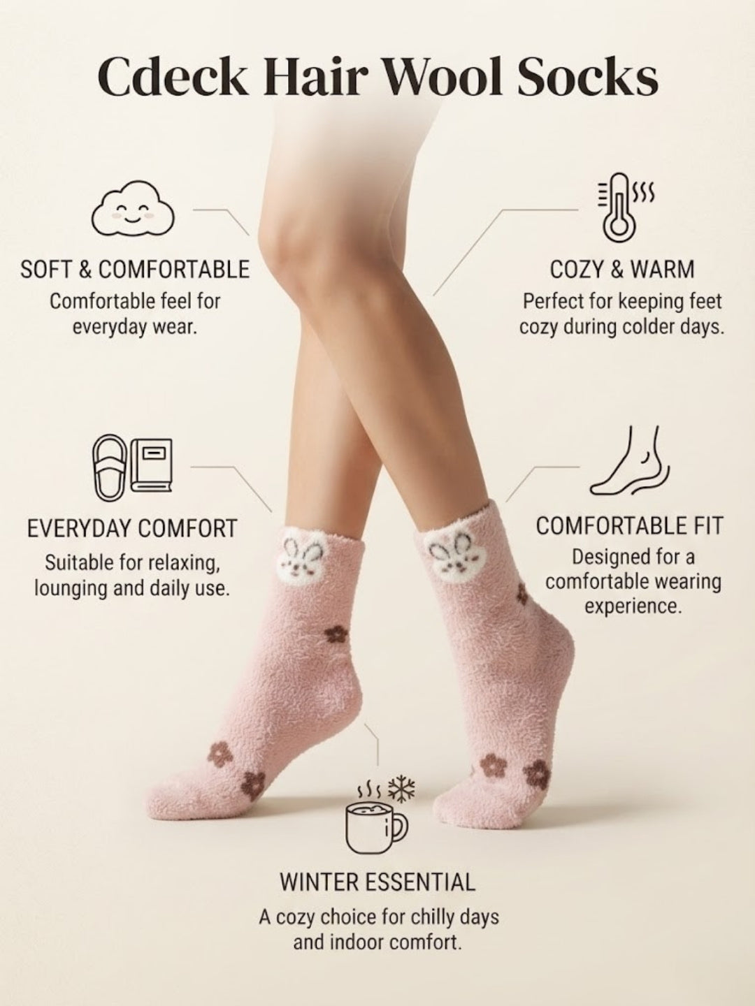 Cdeck Women’s Pink Rabbit Fuzzy Socks – Soft Plush Warm Winter Cozy Mid-Calf Socks