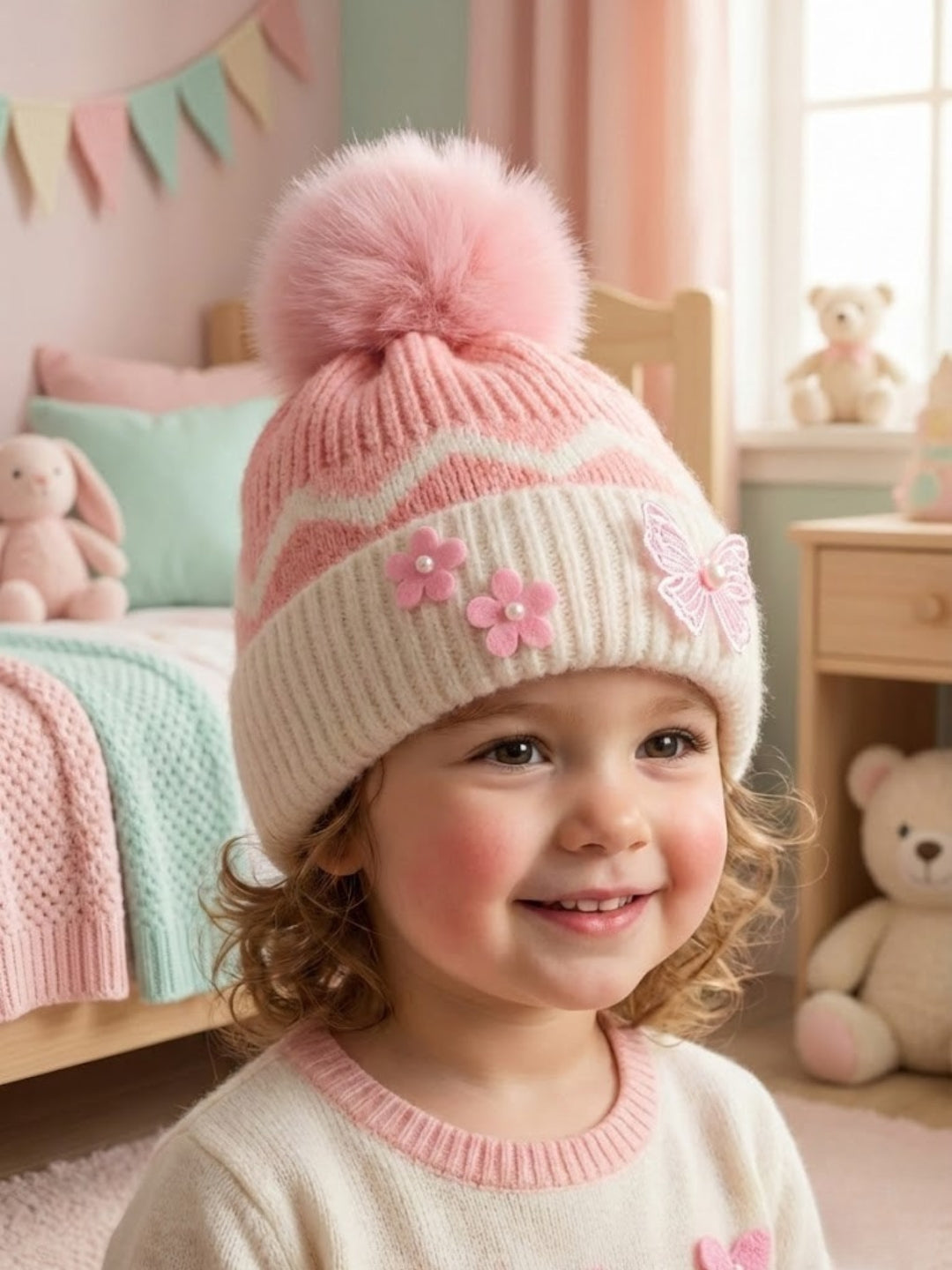 Cdeck Kids Woolen Winter Cap for Baby Girls | Soft, Warm & Comfortable | 1–2 Years