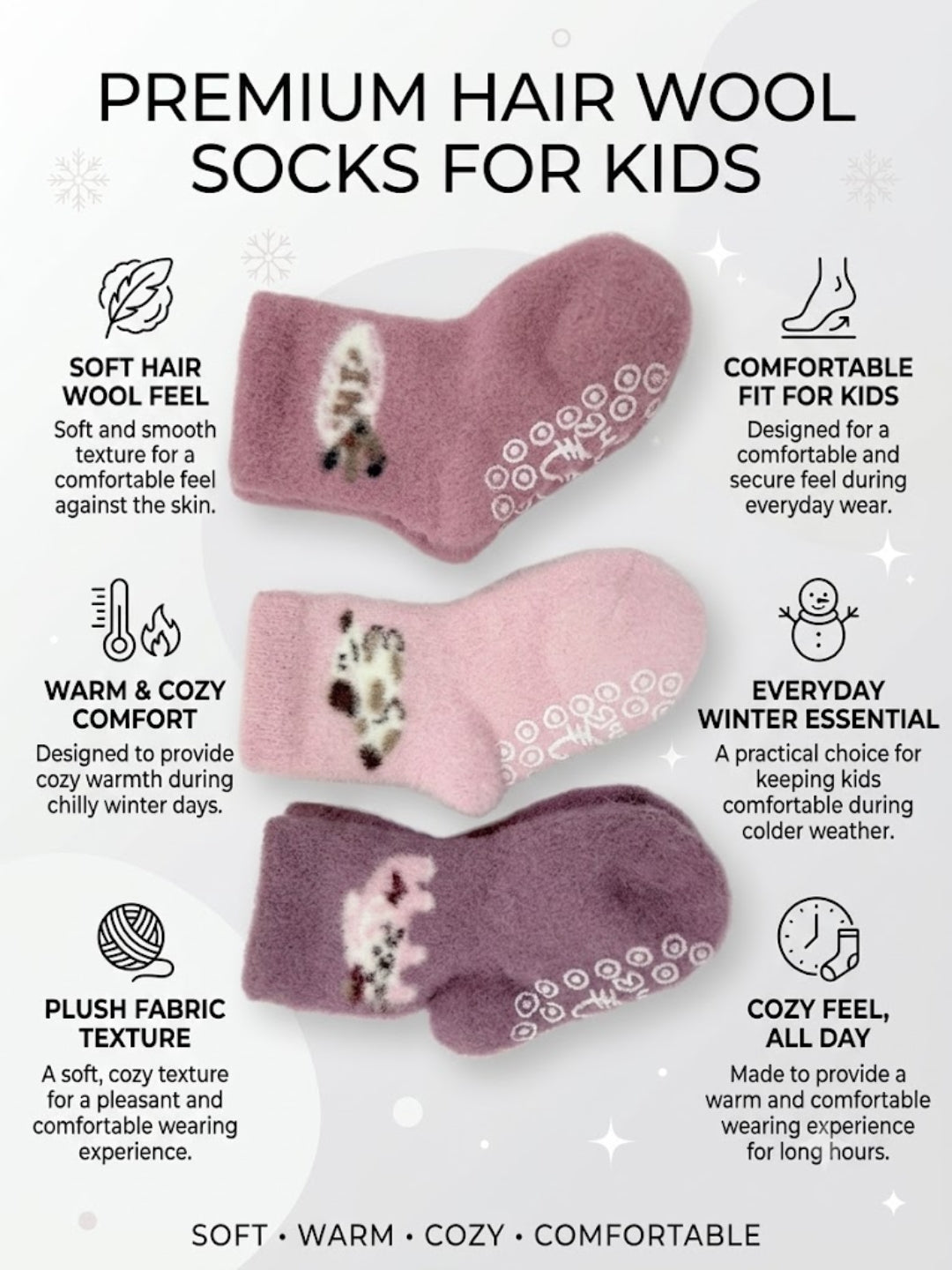 Cdeck Kids Winter Woolen Socks for Baby Boys & Girls | Soft Fuzzy Warm Socks with Anti-Skid Sole | Cute Animal Design | 0–4 Years | Pack of 3